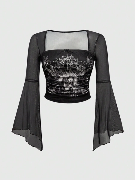 ROMWE Grunge Punk Fyrkantig hals mörk Madonna Cross Rhinestone Dekor Flare Sleeve Plus Size Dam Blus med midja
