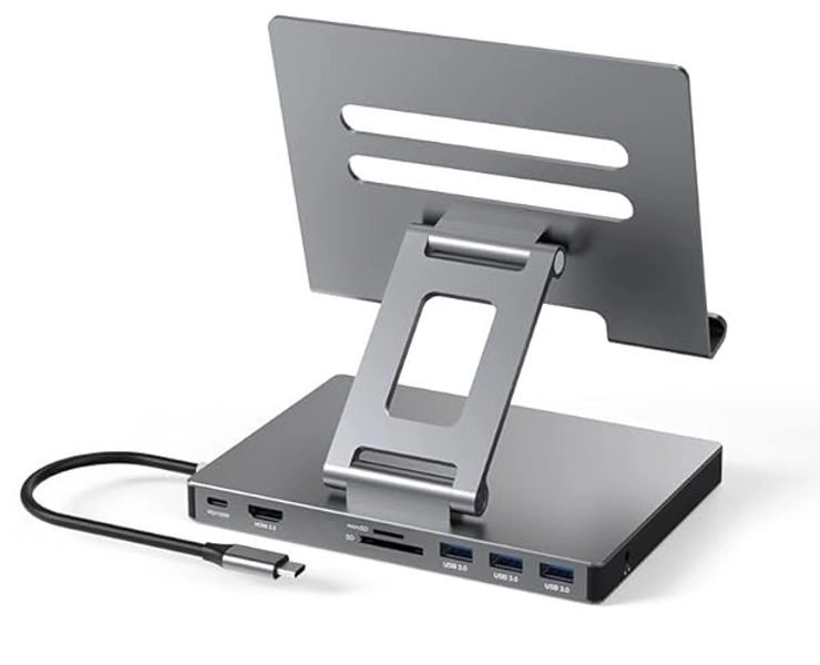 iPad Pro USB C Hub Stand, Adapter for iPad Pro M4 M2 M1 13 12.9 11 Inch iPad Air Docking Station Foldable 4K 60Hz HDMI, PD Charging, SD/TF Card Reader, 3 USB 3.0, 3.5mm Audio, iPad Dock Accessories
