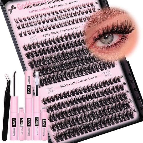 Goddvenus Lash Extension Kit Wispy Lash Clusters Kit Natural C Curl Fluffy Cluster Eyelash Extensions Individual Lashes Kit with Bottom Lash Clusters Waterproof Bond and Seal Tweezers DIY at Home