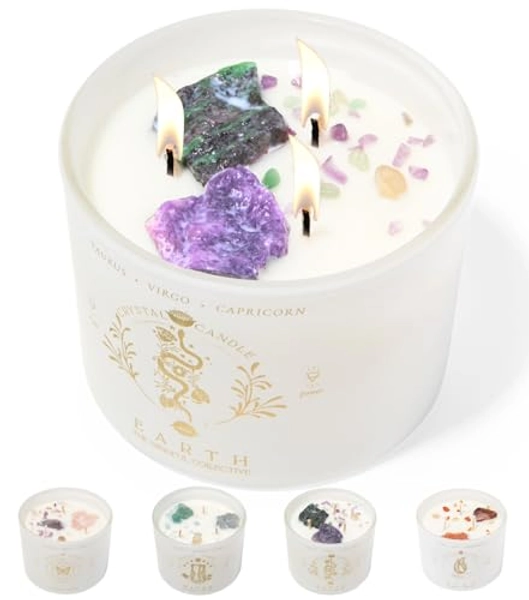 Taurus, Virgo, Capricorn Gifts for Women - 12oz Crystals and Healing Stones Crystal Candle. Zodiac Candle, Spiritual Birthday Gifts for Women. 3 Wick Aromatherapy Soy Candles for Home Scented