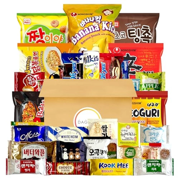DAGAON Premium Korean Snack Box 34 Count – Scrumptious Korean Snacks and Foods Including Chips, Biscuits, Cookies, Pies, Candies, Drinks, Ramen Noodles. Variety Korean snacks for any occasions, gifts and everyone.