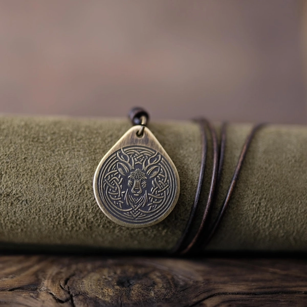 Celtic Deer Necklace/Pendant. Made from Solid Brass with Adjustable/Sliding Leather Cord.
