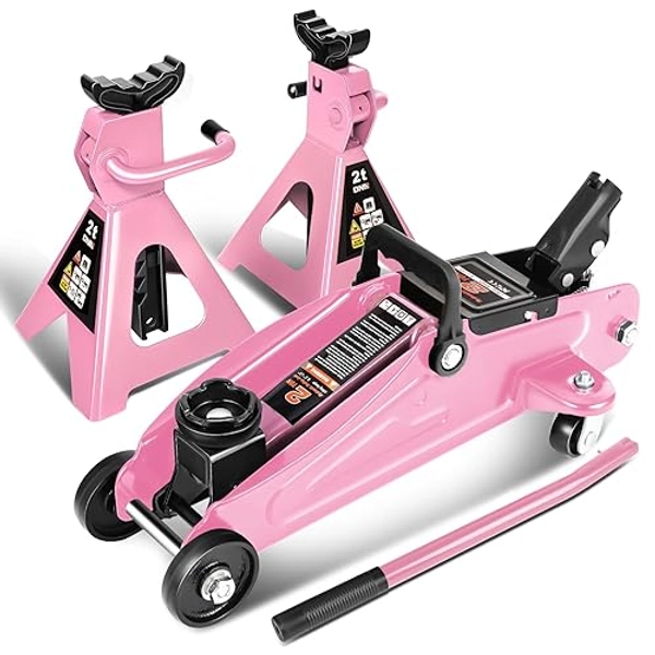 DNA MOTORING Low Profile Hydraulic Trolley Service/Floor Jack Combo with 2 Ratchet Jack Stands, 2 Ton (4000 lbs) Capacity, Pink, TOOLS-00476-PK - 2 Ton - Pink