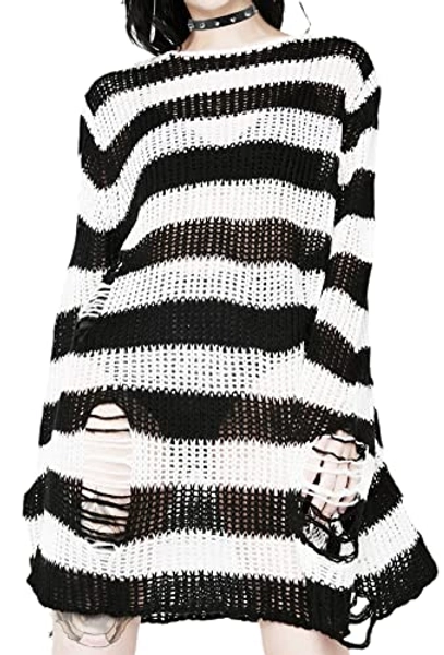 Goth Y2K Striped Sweater Ripped Punk Gothic Sweaters for Women Harajuku Aesthetic Halloween Pullover Tops