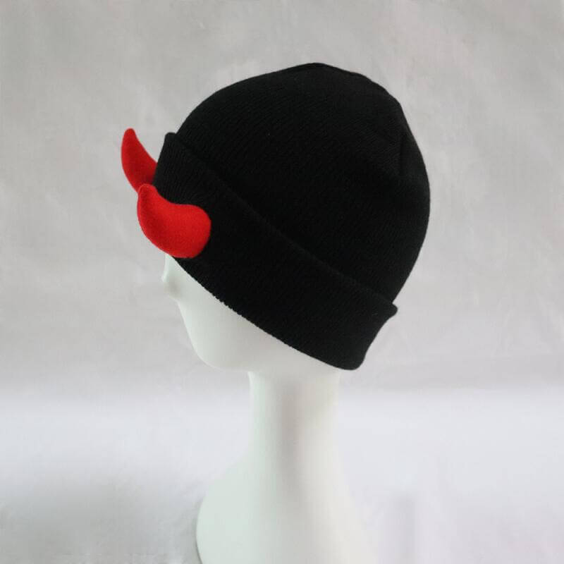 Demon Horned Knitted Beanie Hat - Black (Red Horn) / One Size