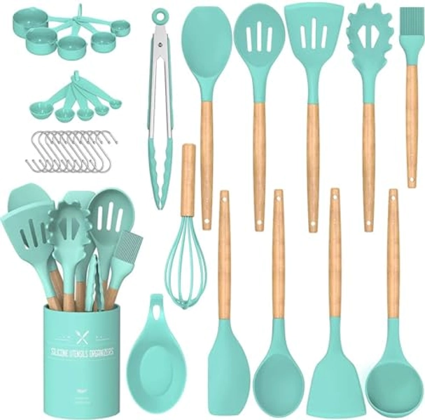Umite Chef Kitchen Cooking Utensils Set, 24 pcs Non-stick Silicone Cooking Kitchen Utensils Spatula Set with Holder, Wooden Handle Heat Resistant Silicone Kitchen Gadgets Utensil Set (Green)