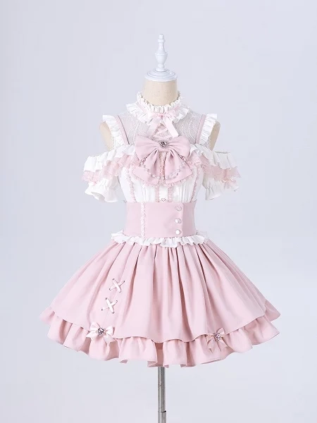 [$38.00]Sweet Pink Jirai Kei High Waist Layered Skirt Smocked Elastic and Self-tie Bow Back
