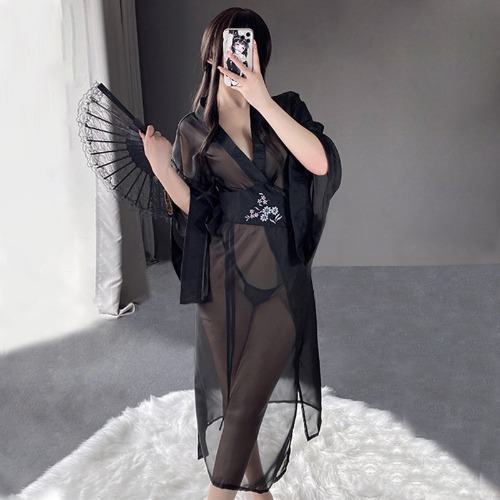 Sheer Mesh Kimono Robe with V-Neck - Anime Lingerie Set - Black / L