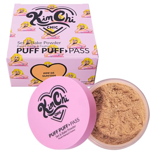 Kimchi Chic Beauty Puff Puff Pass Set and Bake Powder, Loose Face Powder with Extra Fluffy Setting Powder Puff, Soft Tan Face Makeup for Uneven Skin Tone, 05 Suntan - Suntan