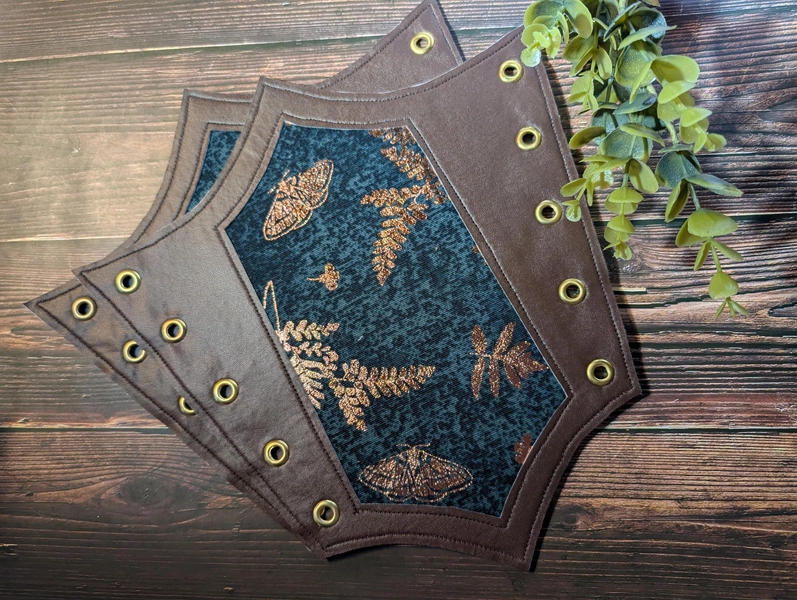 Enchanted Grove Bracers Faux Leather Handmade for Cosplay Renaissance Faire Festival Accessories Gold Green Gauntlet Vambrace Druid Ranger