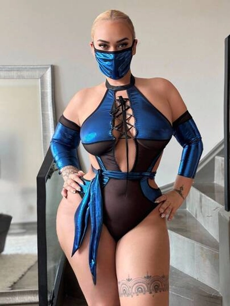 Fantasy Costume Plus Size Contrast Color Patchwork Sexy Lingerie Set, 4pcs