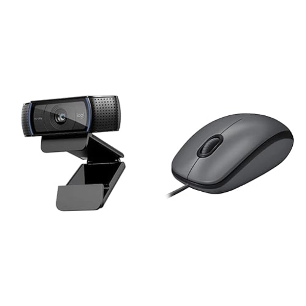 Logitech C920 HD Pro Webcam, Full HD 1080p/30fps Video Calling, Black & M100 Wired USB Mouse, 3-Buttons,1000 DPI Optical Tracking, Ambidextrous, Compatible with PC, Mac, Laptop - Grey
