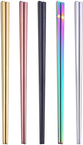 HuaLan Metal Chopsticks 18/8 Stainless Steel Chopsticks Japanese Korean Chopsticks Dishwasher Safe Resistant to Acids and Alkalis Fadless Anti-slip Reusable Chop Sticks 5 Pairs Gift Set - Multicolor