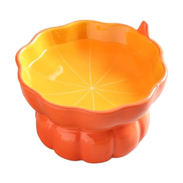 Yeexoxow Cute Pumpkin Shaped Cat Bowl, Ceramic Raised Cat Bowl for Food or Water, Anti Vomiting & Whisker Friendly, 9 oz Small Elevated Cat Dish for Indoor Flat Faced Cats and Kitten