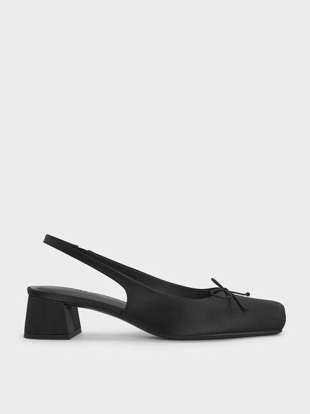 Black Textured Satin Bow Square-Toe Slingback Pumps | CHARLES & KEITH