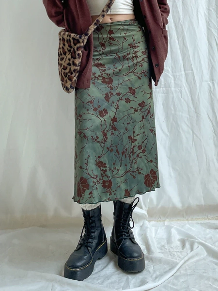 Witchy 'Mystic Veil' Green Floral Printed Y2K Maxi Skirt
