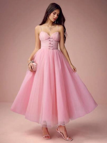 Romantic Elegant Women's Pink Small Bow Tulle Suspender Fluffy Princess Long Dress