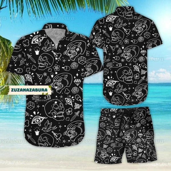 Halloween Skull Shirt, Skull Button Shirt, Skull Shorts, Flash Tattoo Skull Shirt, Skeleton Shirt, Halloween Button Shirt Men