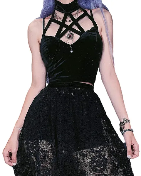 Girl Gothic Dark Sexy Harajuku Mall Goth Trim Emo Crop Tank Tops Y2k Cross Crop Tops
