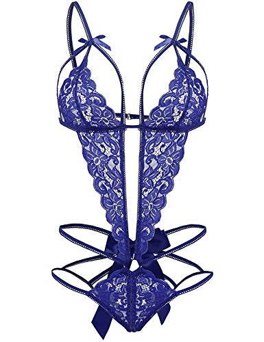 EVELIFE Lenceria Mujer Sexy Lencería Encaje Body Transparente, Babydoll Ropa de Dormir, Espalda Abierta Lingerie, Conjuntos de Lencería de Una Pieza - Azul - M