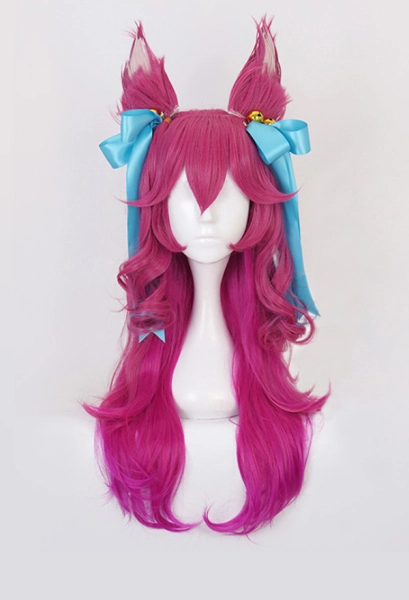 League of Legends Spirit Blossom Festival Ahri Cosplay Pink Long Wig with Hair Bows