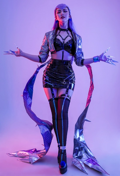 League of Legends LOL Girls New Skin Evelynn K/DA ALL OUT Idol Gradient Mixed Purple Color Shiny Symphony Laser Reflective Leather Cosplay Costume Outfit with Bracelet and Ankle Ring