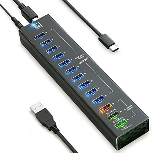 LATORICE USB Hub Powered, 13 Multi-Port USB Hub with 10 USB 3.0 Ports 2 IQ Quick Charge Ports, and Port with up to 2,4A Power, Powered USB Splitter with Cords C and A, Unibody Aluminum USB HUB - 13 port