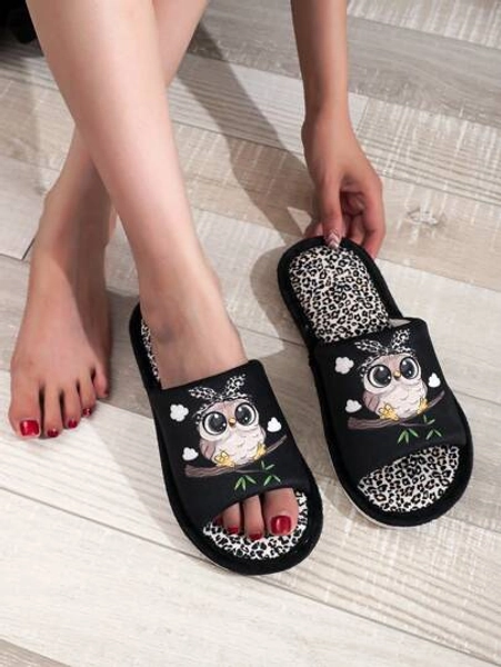 1 paar Bohemian uilenprint schattige cartoon strik ontwerp open teen pantoffels, lichtgewicht binnenpantoffels met luipaardpatroon, geschikt voor alle seizoenen