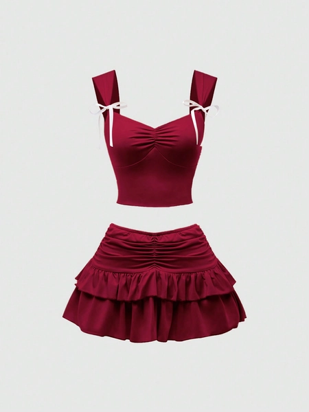 SHEIN Sweetro Women'S Lace Camisole With Ruffled Chest And Bow Decoration Low-Rise Gathered Ruffle Lace Trimmed Pleated Skirt + TOP 2 Piece Set Y2K Outfit 