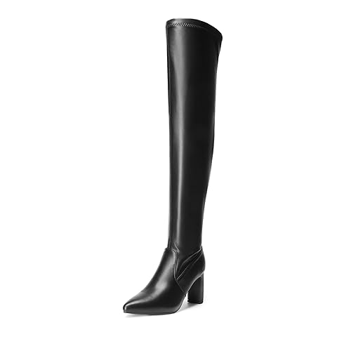 DREAM PAIRS Women's Over The Knee Stretch Thigh High Boots Chunky High Heels Pointed Toe Long Fall Boots - 7 UK - Black Pu