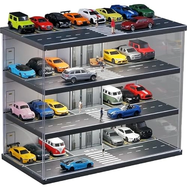Luay Wuliza Hot Diecast Wheels Display Case,1/64 die-cast car Display case, Scene Display Box with Light, Alloy car Model dust Storage Cabinet. (4 Levels, 26 Spaces)