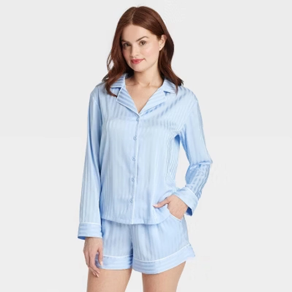 Women's Luxury Collection Shadow Striped Satin Notch Collar Top and Shorts Pajama Set - Auden™ Blue XS: Recycled Polyester, Button Down