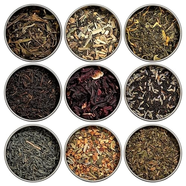 Heavenly Tea Leaves Organic Assorted 9 Loose Leaf Tea Gift Box (Approx. 90 Cups of Tea), Sampler Set of 9 Teas & Herbal Tisanes - Great Hot or Iced, High to No Caffeine, Gifts Ideas for Her