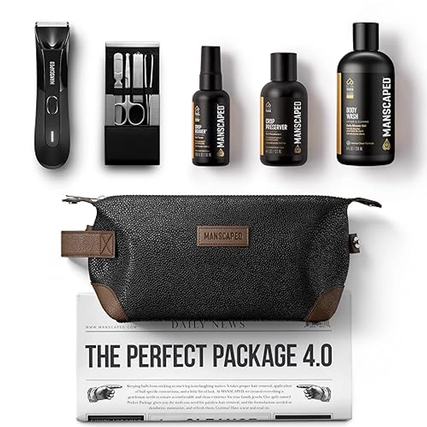 MANSCAPED® Perfect Package 4.0 Kit Contains: The Lawn Mower® 4.0 Electric Trimmer, Ball Deodorant, Body Wash, Performance Spray-on-Body Toner, Four Piece Luxury Nail Kit, Toiletry Bag, 3 Shaving Mats