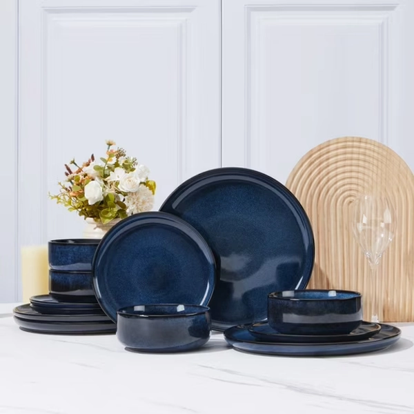 Vesteel Dinnerware Sets for 4, 12-Piece Stoneware Dish and Bowls Set, Handmade Reactive Glaze Coupe Plates Set for Family, Chip & Scratch Resistant - Ocean Blue