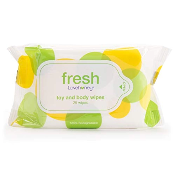Lovehoney Fresh Toy & Body Wipes - Soothing Aloe Vera Wipes - Gentle on The Skin - Resealable Packet Keeps Wipes Moist - Travel Friendly Size - Pack of 25
