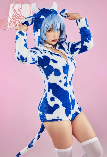 Sexy Lingerie Bodysuit Plush Hooded Milk Print Romper and Thigh Socks with Tail and Choker
