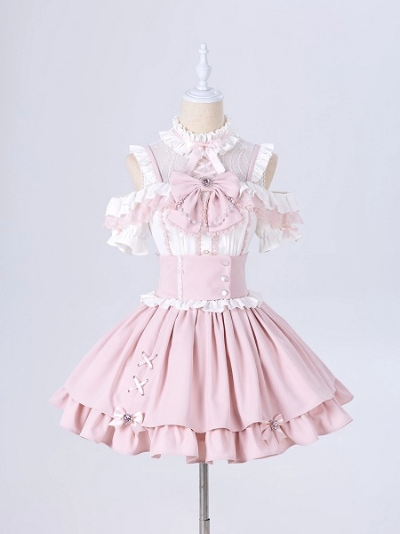 [$32.00]Sweet Pink Jirai Kei High Waist Layered Skirt Smocked Elastic and Self-tie Bow Back
