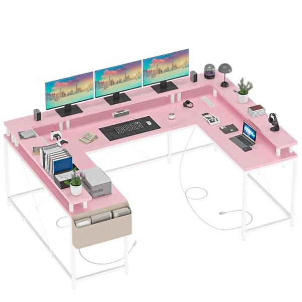 Jojoka U Shaped Computer Gaming Desk, Reversible L Shaped Desk with Power Outlets, LED Strip & Monitor Stand, Large Corner Desk with Storage Shelves for Home Office,Deep Pink
