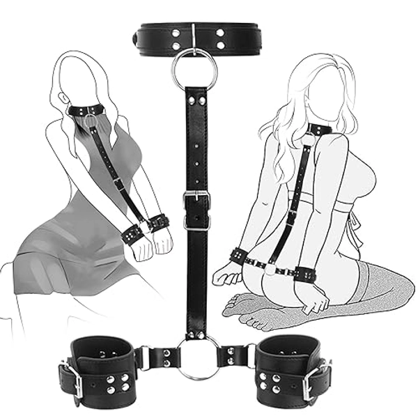 SEXY SLAVE Neck to Wrist Restraints kit, Adult Sex Toys Frisky Beginner Behind Back Handcuffs Collar, Adjustable Bondage Set, Couple SM Sex Game Tool(Black-1)