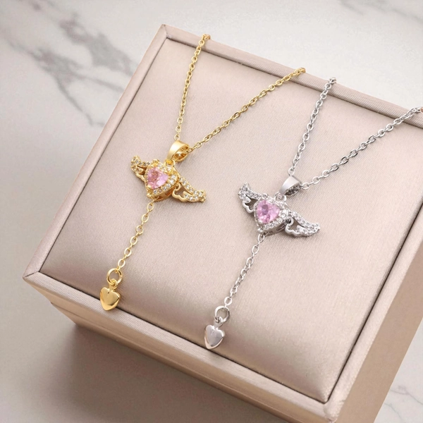 Angel Wings Necklace – Crystal Heart Pendant with Moving Wings, Titanium Steel Tassel Clavicle Chain, Gift for Her