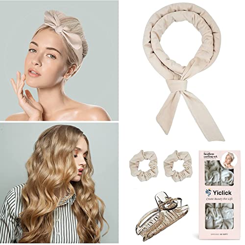 Yiclick Heatless Hair Curler for Long Hair, Upgraded No Heat Hair Roller Sleeping Soft Rubber Hair Rollers, Curling Ribbon and Rods for Natural Hair - Beige
