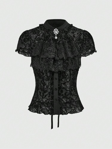 ROMWE Goth Vintage Palace Style Gothic Flocked Detachable Ruffle Tie Collar, Baroque Diamond Pendant, Bell Ruffle Sleeve, Tie Waist Women Blouse