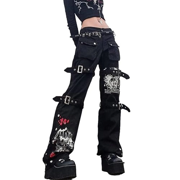 Harajuku Gothic Fashion Patchwork Black Jeans Punk Grunge Aesthetic Women Autumn Electro Pants Emo Printed Streetwear
