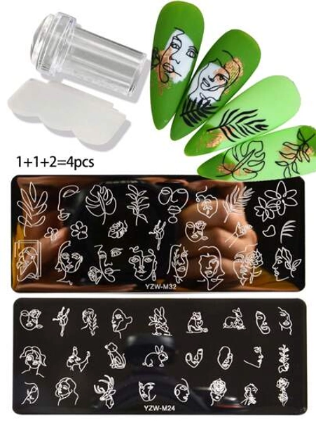 Nail Art Stamping Plate & Scraper Set, Minimalist Abstract Line Drawing Of Human, Tree, Rabbit, Dog, Rose Flower Patterns, DIY Nail Polish Transfer Printing Tools