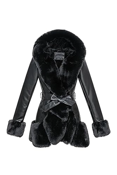 GRAN ORIENTE Women's Faux Leather Coat with Faux Fur Collar,Winter Warm Belted Mid Length Trim Jacket Fur Lined with Hood