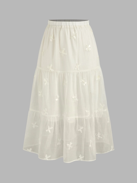 Mid Rise Solid Bowknot Tiered Maxi Skirt