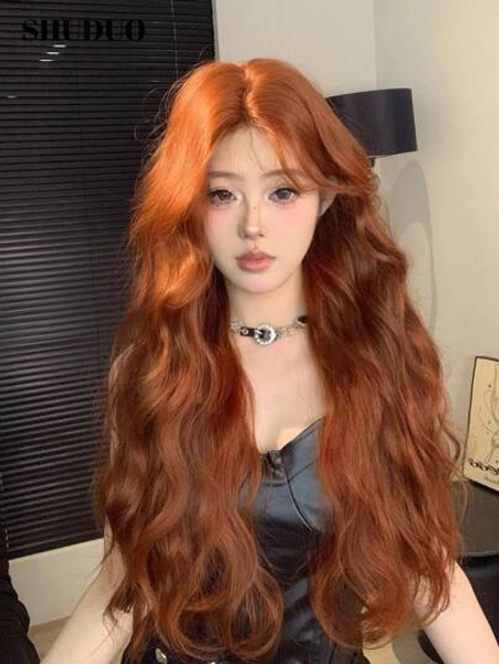 SHUDUO 1 Renda frontal em forma de Testa 4*1, Peruca com Renda Frontal Ondulada, Peruca de Parte Central, Laranja sujo Semitecido Diário Natural, Peruca Romântica Realista da Moda (Acessórios Não Incluídos)