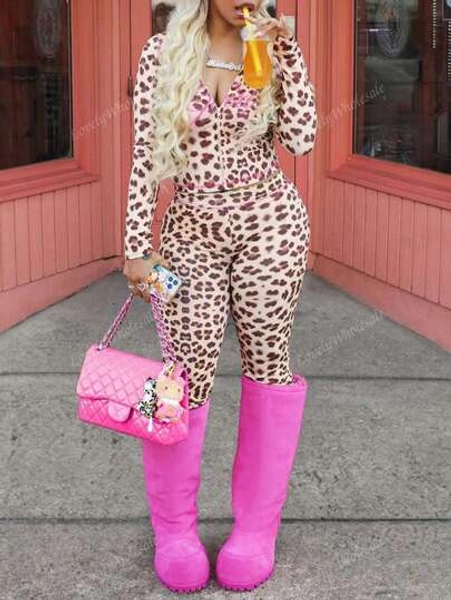 LovelyWholesale Women Cute Hooded Long Sleeved "That Girl" Letter Leopard Print Zipper Jacket And Flared Pants For Spring