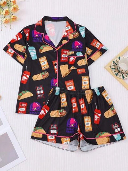 2pcs Women Cartoon All Over Print Short Sleeve Short Pajama Set With Pockets, Loose Casual Homewear With Button Front, Suitable For All Seasons